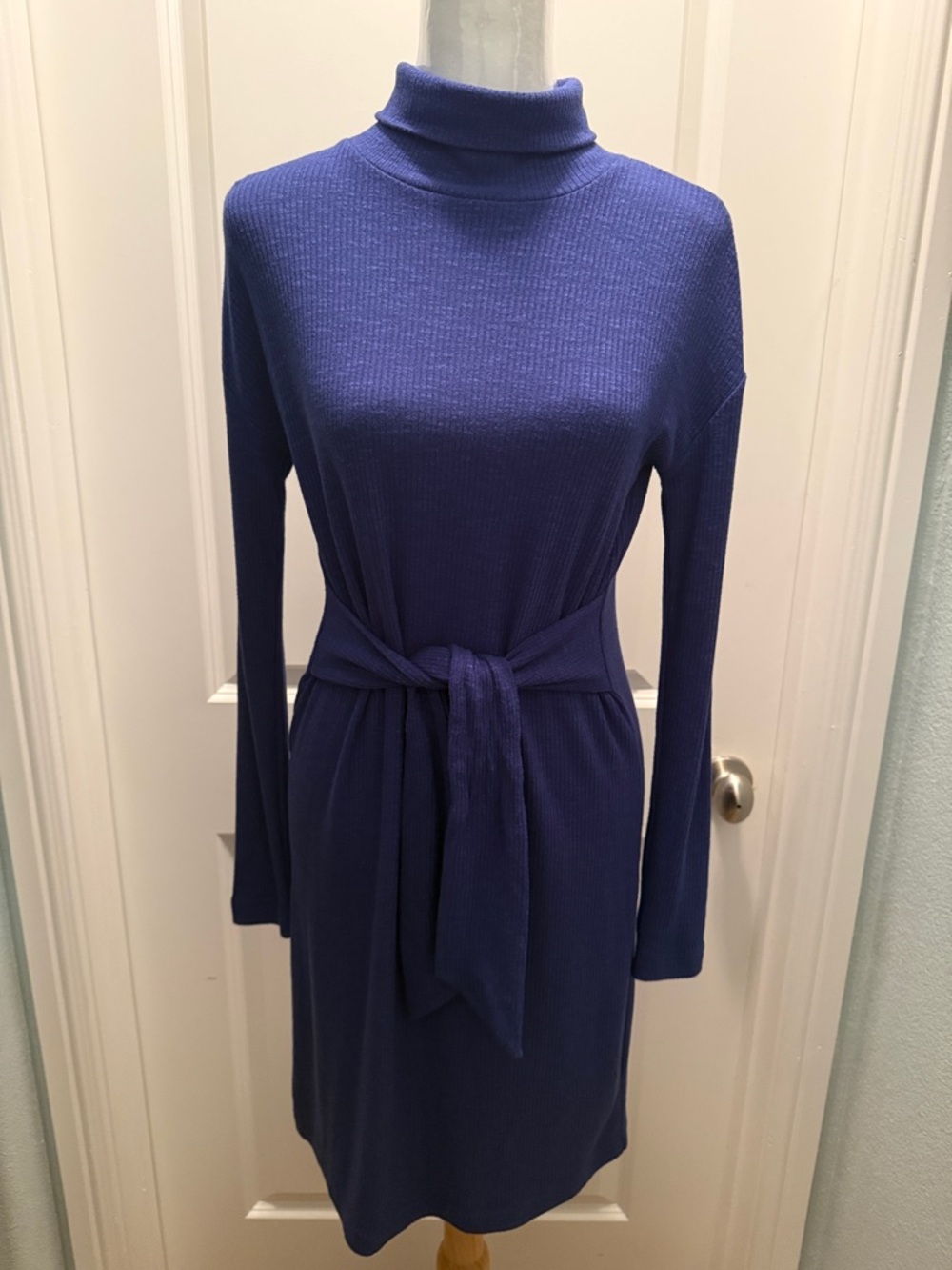 Anthropologie Sapphire Blue Long-Sleeve Turtleneck Knit Dress with Waist Tie.
